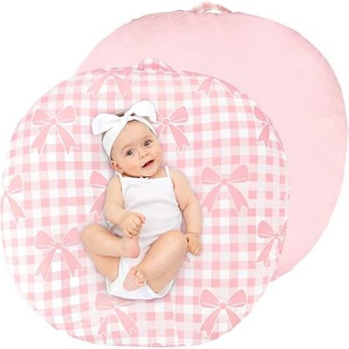 Newborn Lounger Cover, Soft Comfortable Baby Lounger Cover, 1 Pack Reversible Removable Slipover for Infant Lounger Pillow, Pink Gingham Bow (Lounger not Included)