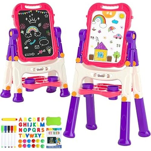 Easel for Kids,Toddler Toys for 2 3 4 5 Year Old Girl Gifts,Toddler Easel Toys Ages for 2-4, Double Sided Magnetic Kid Art Easel,Dry Erase Drawing Painting Learning Toys for 2 3 4 5 Girl Birthday Gift