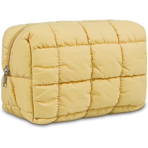 Puffy Quilted Makeup Bag for Women, Water-Resistant Nylon Travel Toiletry Organizer Pouch, Cosmetic Bag with Wide-Open Design, Aesthetic Gift for Work Daily