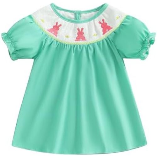 Toddler Girl Easter Smocked Dress Fly/Short Sleeve Bunny Embroidery Dresses Cute Summer Smocked Outfit