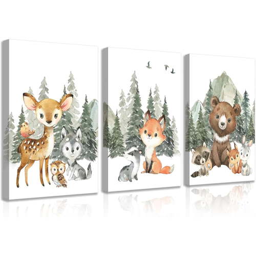 Woodland Animal Nursery Canvas Wall Art Forest Adventure Theme Animals Picture Posters Wall Decor Cute Watercolor Deer Bear Fox Painting Print Artwork for Kids Baby Bedroom(only canvas)