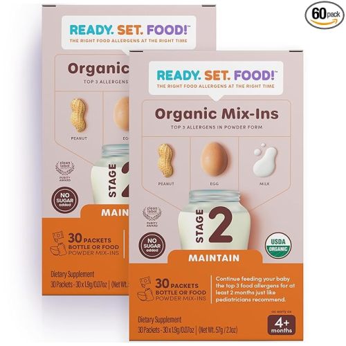 Ready, Set, Food! Stage 2 Mix-ins – Safe & Easy Early Allergen Introduction for Babies 4+ Months, Mix with a Bottle or Baby Food, with 3 Top Allergens: Organic Peanuts, Milk & Eggs (60 Days)