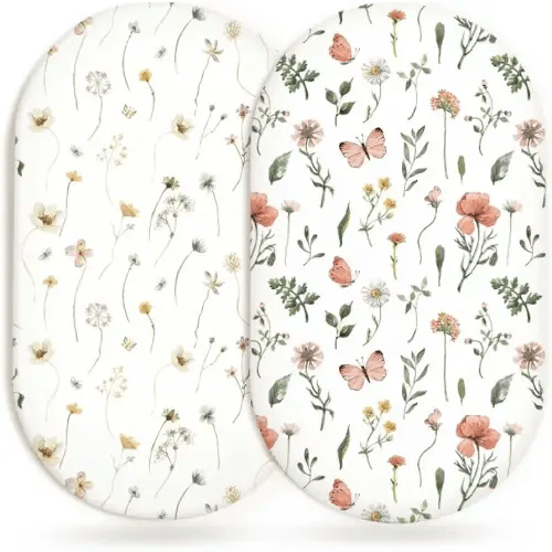 Bassinet Sheets for Baby Girls Boys 2 Pack, Fitted Baby Mattress Sheet for Rectangle, Oval, Hourglass Bassinet Mattress, Breathable Cozy & Universal Fit (Butterfly Garden)