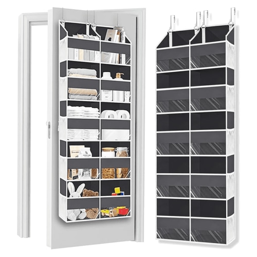 Over The Door Organizer with 5 Large Pockets and 10 Compartments，Nursery Shelves Baby Organizers,Anti Tilt 80 lb Load Behind Door Storage for Bedroom, Bathroom, Pantry, Nursery, (Grey)
