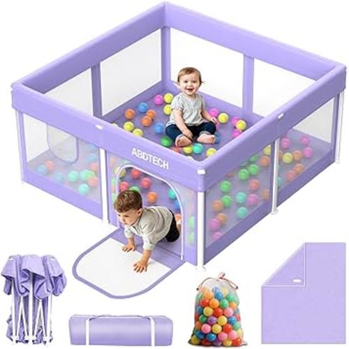 Baby Playpen with Mat 50" x 50" - Foldable Play Pens for Babies and Toddlers Indoor Safety Baby Fence with Soft Breathable Mesh - All-Wrapped Sturdy Play Yard with 50 Ocean Balls & Bag