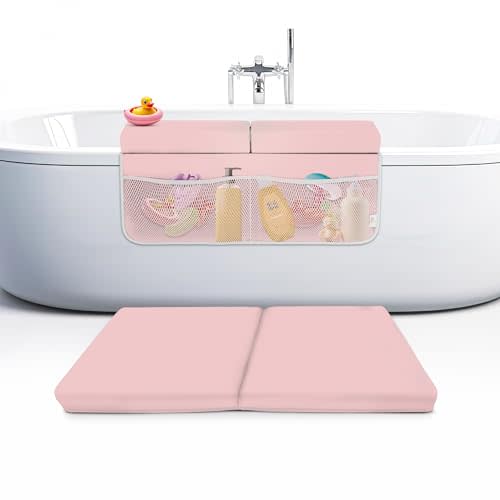 Memory Foam Bath Kneeler and Elbow Rest Pad Set, 2-Inch Thick, Water-Resistant Mat – Baby Bath Time Essentials Cushion and Bath Kneeling Pad for Bathing Baby with Bathtub Toy Organizer (Pink)