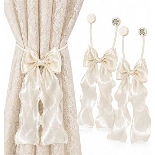 2PCS Strong Magnetic Ivory Bow Curtain Tiebacks, Coqueta Lace Ribbon Curtain Holdbacks, Adjustable Drapery Clips for Home Decor, for Bedroom, Living Room, for Window, Wedding, Party