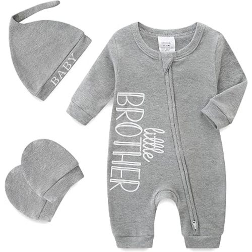 Babymine 100% Cotton 2-Way Zipper Little Brother Newborn Outfit 0-3 Months Coming Home Romper with Mittens and Hat