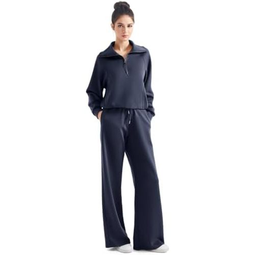 SUUKSESS Women 2 Piece Lounge Matching Set Wide Leg Sweatpant Half Zip Sweatshirt
