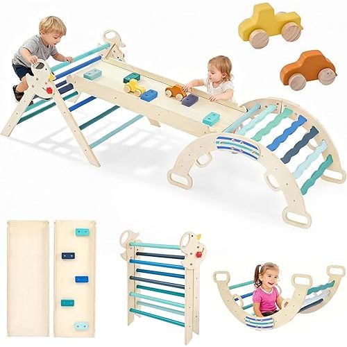 DUMOS Pikler Triangle Set, Toddler Climbing Toys and Play Structure Indoor, 9-in-1 Wooden Montessori Climbing Set with Arch, Ramp and Ladder, Foldable Baby Jungle Gym