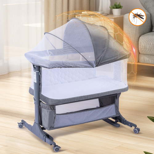 2-in-1 Baby Bassinet & Bedside Sleeper - Fast-Folding Bedside Bassinet, Baby Crib with 6 Mattress Heights & Breathable Mesh Window, Mattress Included, 0-6 Months (Oak & Charcoal)