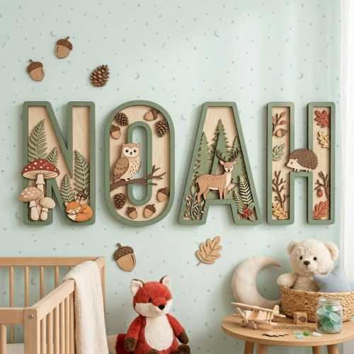 Personalized Woodland Nursery Name Sign, Wooden Layered Letters Wall Decor, Forest Animal Baby Room Decor, Woodland Custom Kids Name Gift