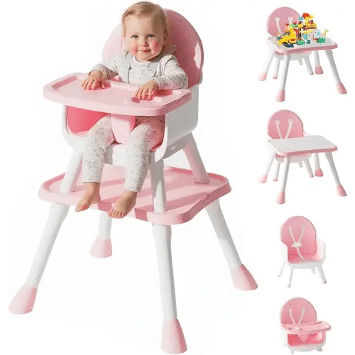 6 in 1 Baby High Chair, Convertible Highchair for Babies and Toddlers (Pink)