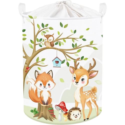 Clastyle 45L Large Forest Animal Kid Laundry Hamper with Handle for Boy Girl Collapsible White Fox Clothes Toy Storage Basket with Lid for Nursery