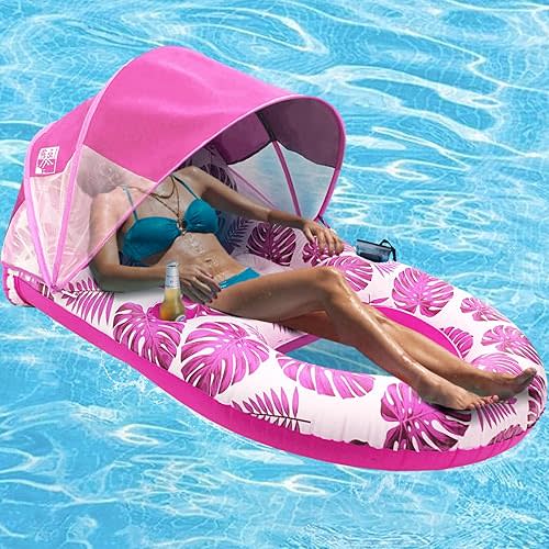 Pool Lounge Float with Canopy UPF50+,Extra Large Pool Floats for Adults Heavy Duty,Inflatable Lounger Float with Cup Holder & Backrest,Footrest