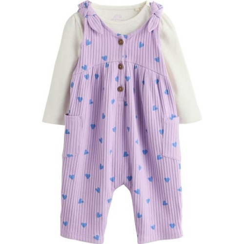 Long Sleeve Bodysuit & Heart Print Overalls Set, 0-3M