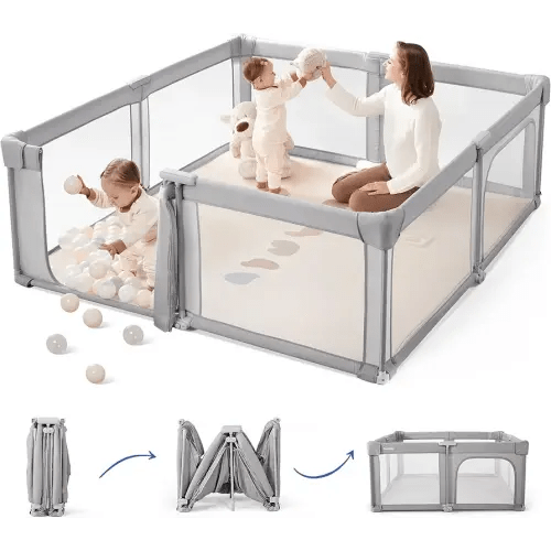 Sweeby Baby Playpen, 63x47 Inch Baby Gate Playpens for Babies and Toddlers, Extra Large Playpen with Door Play Yard for Fence Indoor and Outdoor Play Pen, Grey