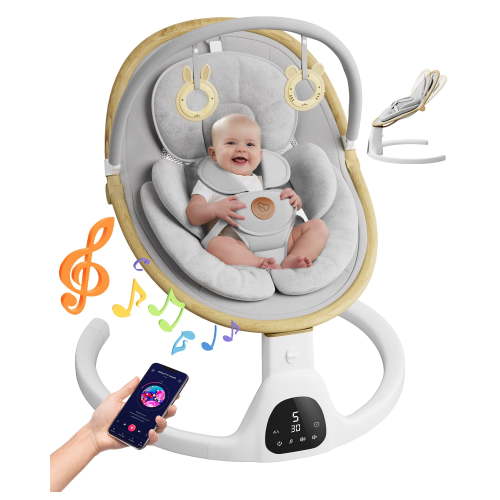 Baby Swing for Infants to Toddler Portable Babies Swing Timing Function 5 Swing Speeds Bluetooth Touch Screen Music Speaker with 10 Preset Lullabies 5-Point Carabiner White