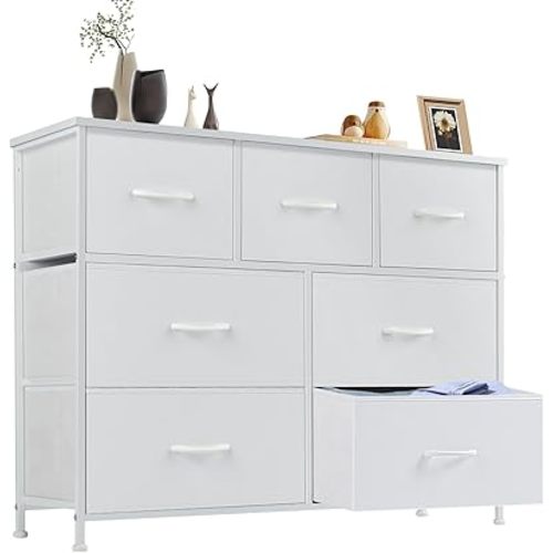 Dresser for Bedroom with 7 Drawers, Anti-Tip Fabric Storage Tower, Wood Top and Metal Frame Organizer for Clothes, Closet, Entryway, Hallway Furniture,White