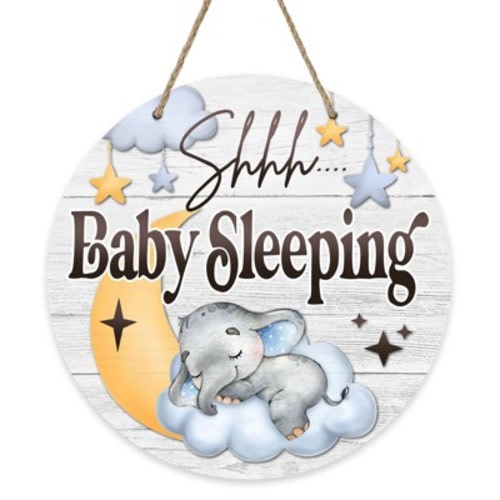 Shhh Baby Sleeping Front Door Sign, Elephant Moon Cloud Stars Wood Door Hanger Nursery Kids Bedroom Decor