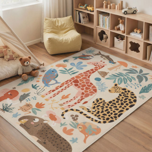 Bungalow Rose Aarna Safari Jungle Animals & Botanical Adventure Kids Area Rug, Machine Washable, Inspired Faux Wool - High-Rebound Foam & Non-Slip Backing | Wayfair