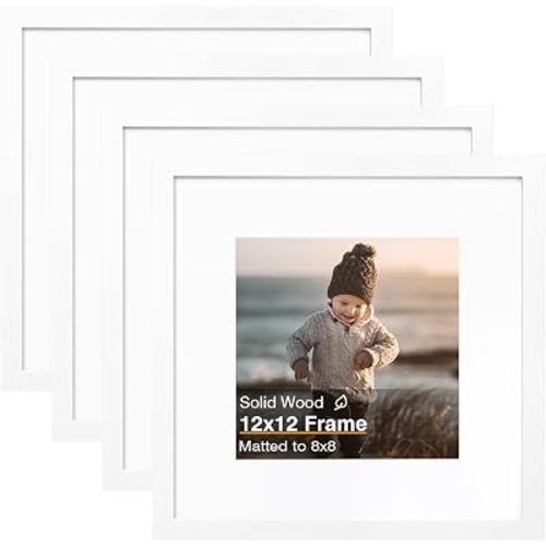 KINLINK 12x12 Picture Frames, 4 Pack White Solid Wood Square Frames for Art, 8x8 Matted or 12x12 Frame without Mat, Wall Display Photo Frame