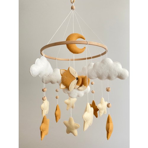 Sleeping Fox Baby Mobile: Handmade Felt Moon, Stars & Clouds