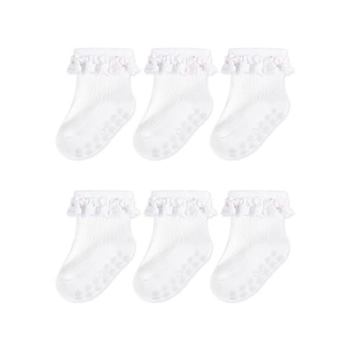 Baby Girl Ruffle Socks Toddler Non Slip Socks with Grip for Infant | 6 Pairs Socks for 0-4T