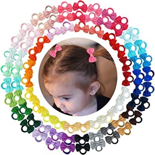 80PCS Tiny Hair Ties With Bows Baby Bows Rubber Bands Hair Ties Soft Elastics Ponytail Holders Hair Accessories for Infants Toddlers Baby Girls Multi-colored