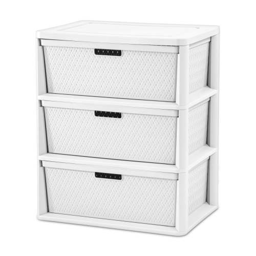 Sterilite Wide 3 Drawer, Easy to Assemble with Removable Decorative Cross-Weave Plastic Drawers, Tool-Free, White