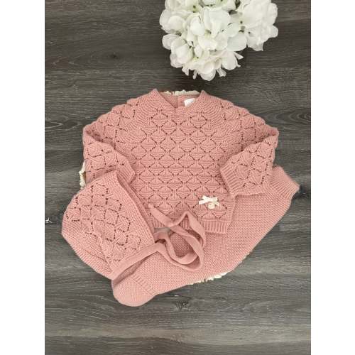 Delicate Openwork Diamonds Baby Knit Set in Old Pink