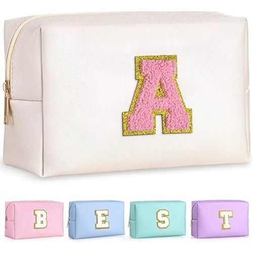TOPEAST Christmas Gifts for Women Teen Girls - Stocking Stuffers for Teen Girls Gifts Trendy Stuff, Travel Makeup Bag, Initial Cosmetic Bag Toiletry Pouch (White A)