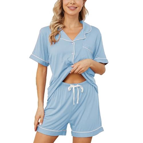 Yoolfine Womens Pajama Sets Short Sleeve Sleepwear Soft Button Down Nightwear Lounge Pj Set XS-XXL