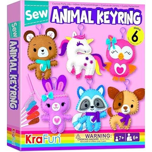 KRAFUN Unicorn Sewing Keyring Kit for Kids Age 7 8 9 10 11 12 Learn Art & Craft, Includes 6 Stuffed Animal Bear, Dog, Rabbit, Raccoon, Owl Dolls, Instruction & Felt Materials