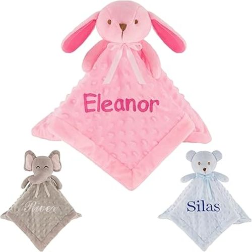 Personalized Baby Blanket Lovey with Custom Embroidered Name - Super Soft & Comfy Security Blankets for Babies - Stuffed Bunny Security Snuggle Toy - Comforting Loveys for Boys and Girls