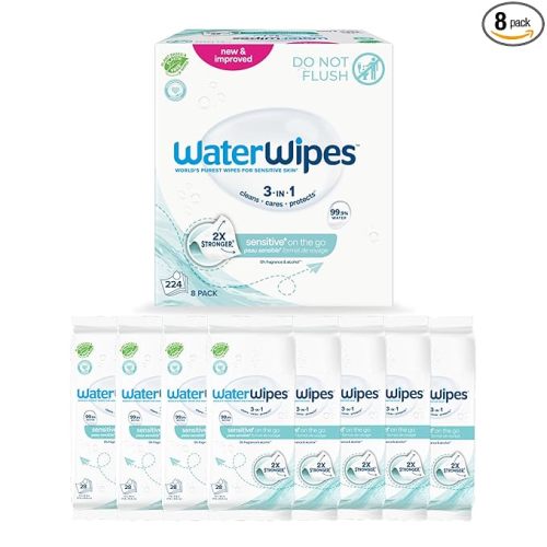 WaterWipes Sensitive+ On The Go Wipes, 3-In-1 Cleans, Cares, Protects, 99.9% Water, Unscented & Hypoallergenic Wet Wipes, 224 Count (8 Packs)