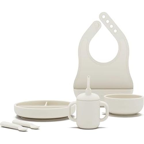 Lalo First Bites Full Kit, 6-Piece Non-Toxic Silicone Baby Feeding Set | Baby Led Weaning Set, Includes 1 Bib, 2 Spoons, Training Cup, Suction Plate & Bowl, BPA-Free, Food Grade Silicone, Oatmeal