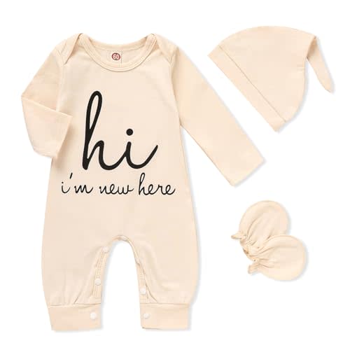 GRNSHTS Newborn Baby Boy Romper Coming Home Outfits Letter Print Bodysuit Jumpsuit+Hat+Gloves 3PCS Clothes Set