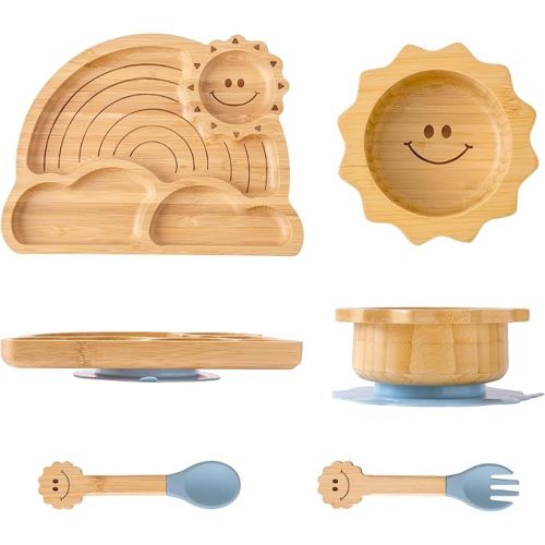 Bamboo Suction Plates Bowls Set for Baby Toddler - Includes Bamboo Bowl, Divided Plate, Silicone Fork & Spoon, All-Natural Baby Feeding Set for Baby-Led Weaning