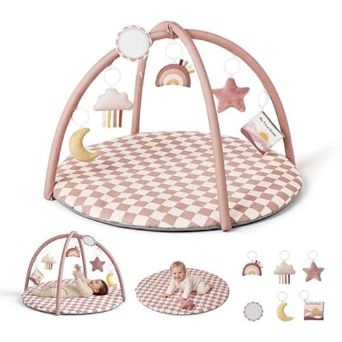 Blissful Diary Baby Play Gym Mat, Play Mat Activity Mat with 6 Detachable Toys for Stage-Based Sensory & Motor Skill Development, Easy to Install & Clean, Baby Essentials Gift, Blush Checkered