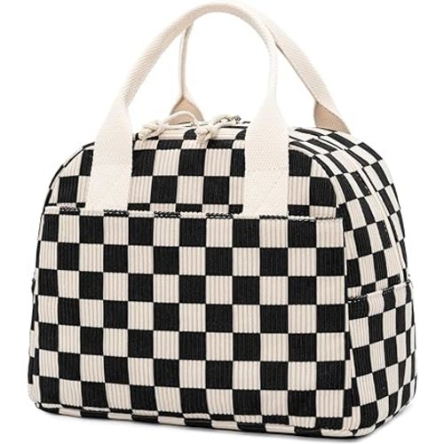 Insulated Black Checkered Lunch Bag for Women, Stylish Corduroy Tote with Aluminum Lining, Large Capacity Reusable Cooler for Work, Travel, or Beach, Beige Cream Water-Resistant Lunch Box