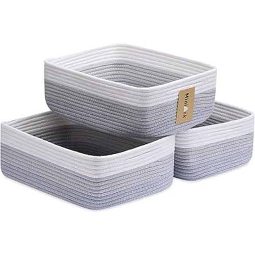 MiniArk Large Shallow Organizing Baskets 15x11x5.1 Inches - Rope Woven Storage Bins for Bathroom, Shelves, Cube Closet, Gradient Grey 3 Packs