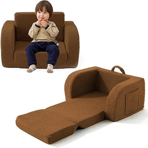 Toddler Couch, 2-in-1 Toddler Chairs Comfy 1-3 Years Old, Toddler Chair for Girls and Boys, Kids Couch Bed Fold Out, Convertible Baby Sofa to Lounge Chair for Playing, Reading, Napping, Brown