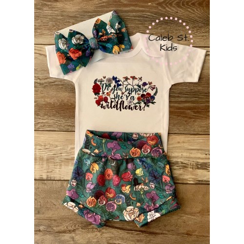 Do You Suppose She&#39;s A Wildflower / Alice in Wonderland / Baby and Toddler Complete Set Outfit / Baby Bummie Shorts / Baby Biker Shorts