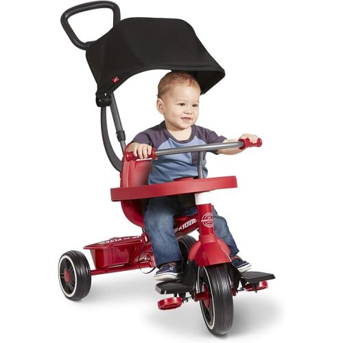 Radio Flyer 4-in-1 Pedal & Push Stroll ’N Trike, Ages 1-5, UV Canopy, Red