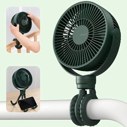 JISULIFE Stroller Fan, Baby Fan 4000mAh Battery Operated with 4 Speeds, Rechargeable 720°Rotatable, Clip on for Baby Carseat/Crib/Golf Cart/Treadmill -Green - Standard