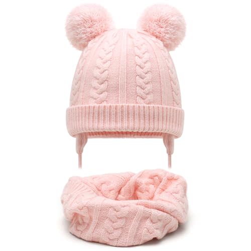 Duoyeree Toddler Winter Hat, Earflap Double Pom Pom Knit Beanie 0-36M | Soft fleece lining covers ears to retain warmth. Kids stay comfy for winter outdoor activities against cold wind.