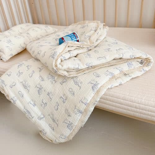 BuLuTu Baby Crib Quilt Cotton Muslin Toddler Blanket for Kids Boys Girls Soft Breathable Toddler Comforter Nursery Quilted Blankets with Lace Edges, 47x59 Inches, Blue Cat Pattern, No Pillow