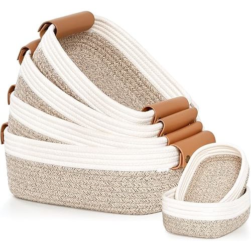 Storage Basket Set of 6 - 4 with Leather Handle & 2 Small Gift Baskets - Woven Storage Cotton Rope Basket for Organizing, Rectangle Bins for Shelves, Nursery, Dog Toy, Bathroom