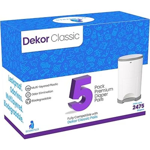 ECO-REFILLS Diaper Pail Refills - Fits Dekor CLASSIC Extra Thick, Powerful Odor Elimination & Fresh Powder Scent | Easy to Replace and Dispose of Diaper Bag (5)